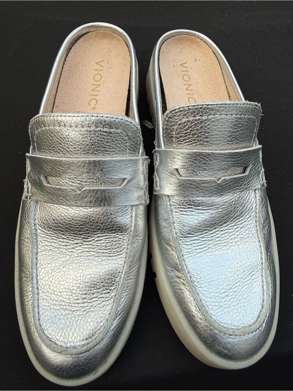 Vionic Silver Metallic Leather Penny Loafers
